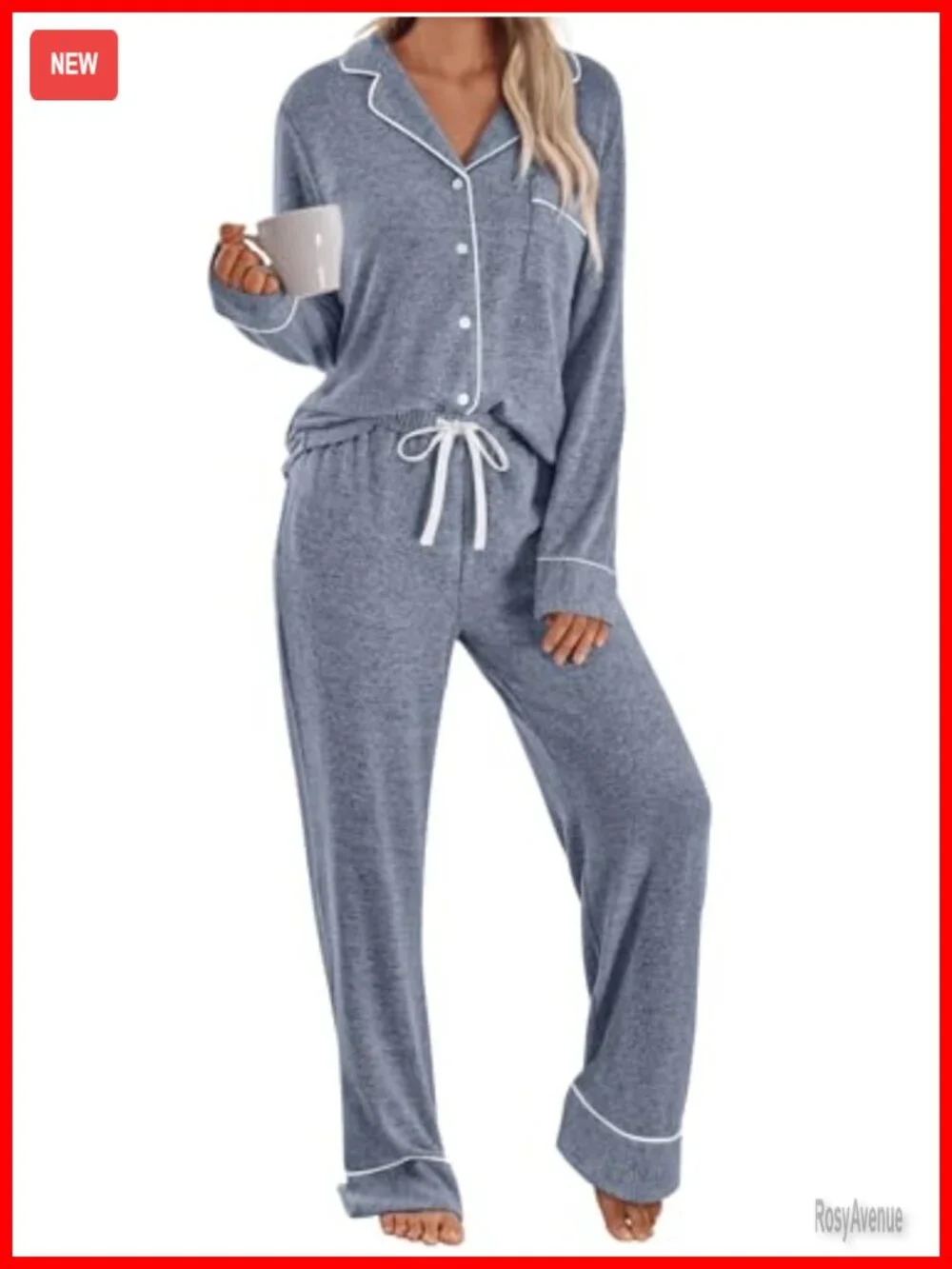 Women's 2-Piece Pajama Set - Long Sleeve Button-Down Top & Pocket Drawstring